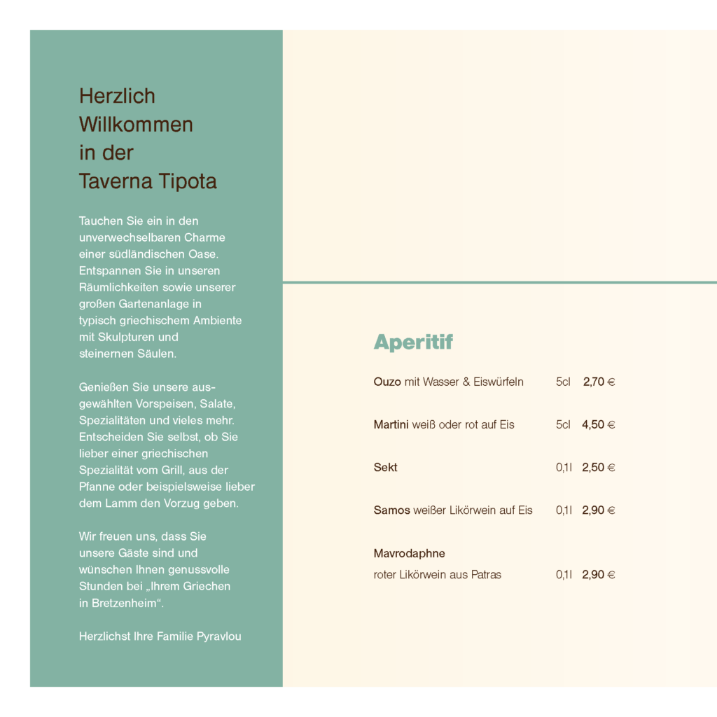 Begrüßungstext und Aperitif-Angebote der Taverna Tipota in Bretzenheim