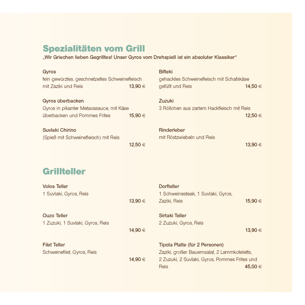Gegrillte Spezialitäten – Gyros, Souvlaki, Bifteki und Grillteller