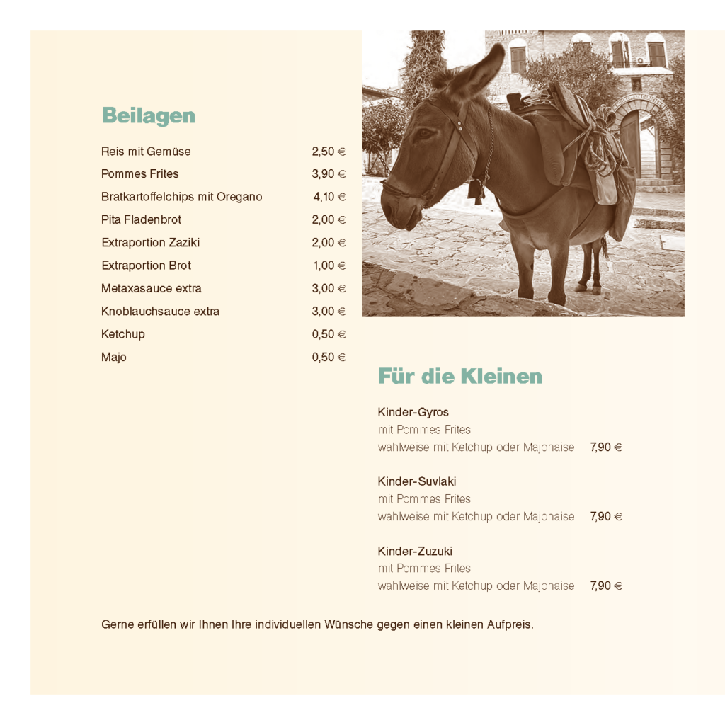 Beilagen und Kindergerichte in der Taverna Tipota – Pommes, Zaziki, Gyros für Kinder