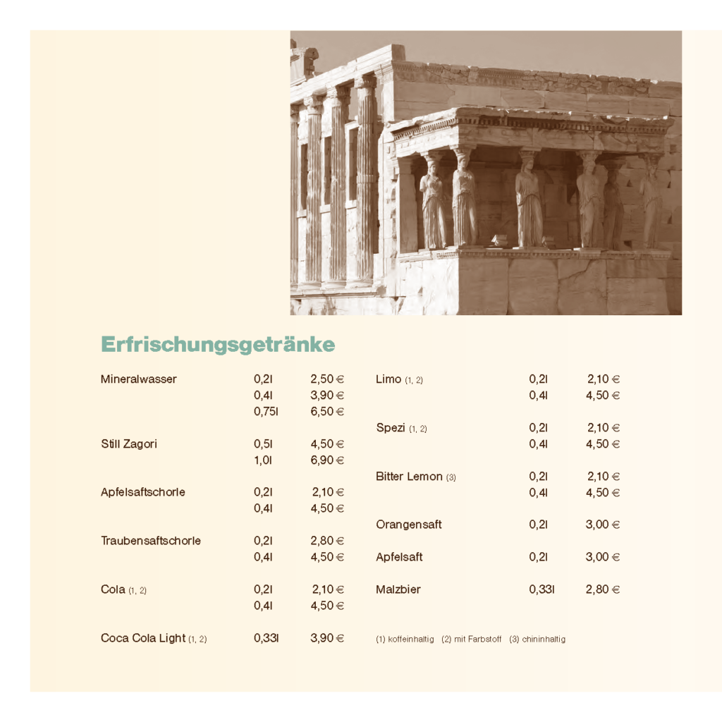 Erfrischungsgetränke in der Taverna Tipota – Wasser, Limonade, Schorlen & Cola