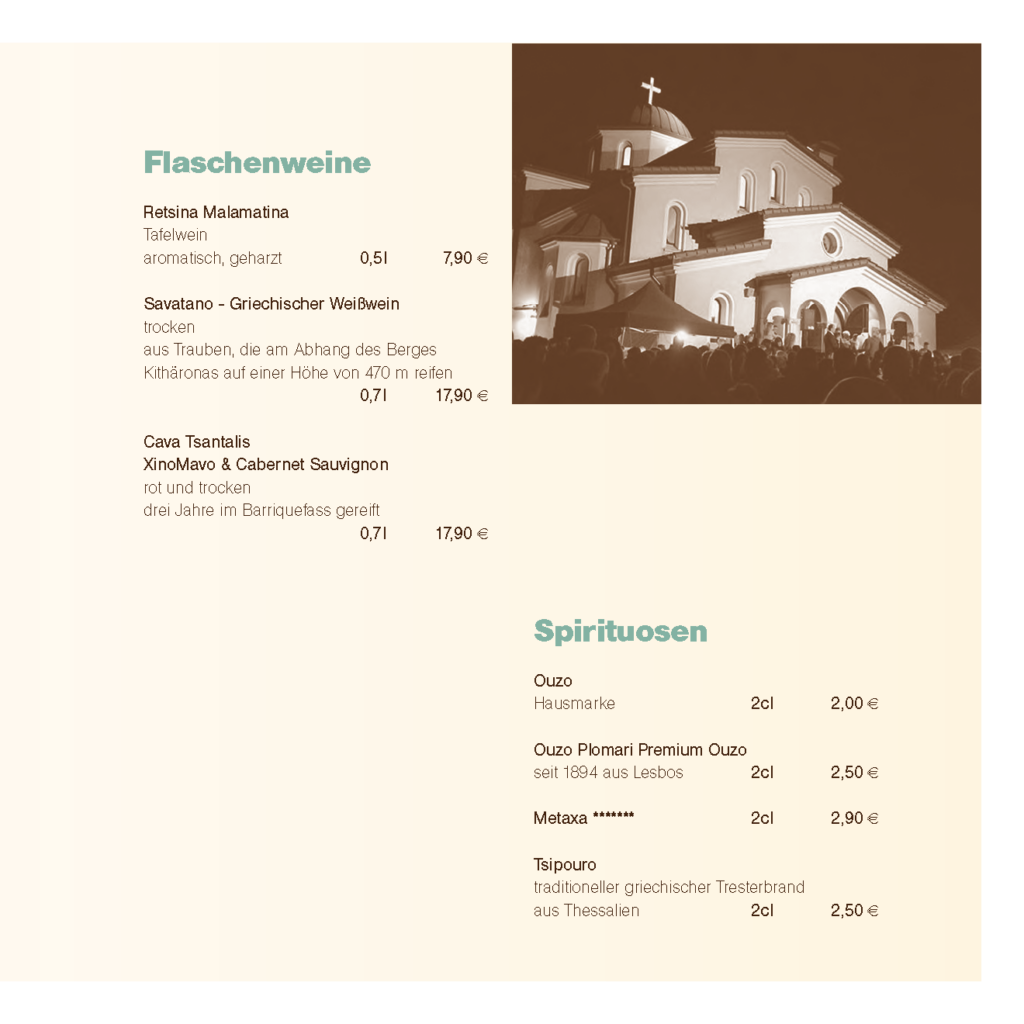 Flaschenweine & Spirituosen – Griechischer Retsina, Savatano, Ouzo & Metaxa